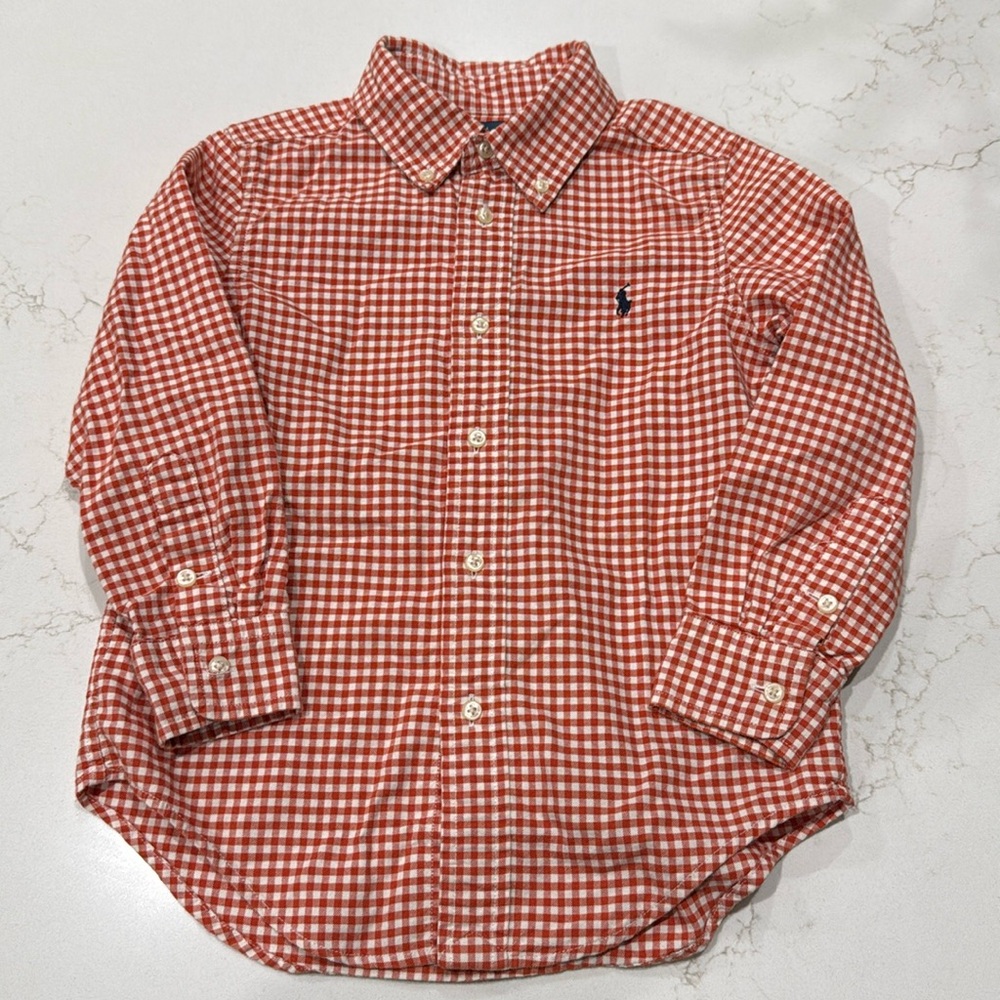 Ralph Lauren Oxford Button down Orange White Check Gingham Plaid Size 5